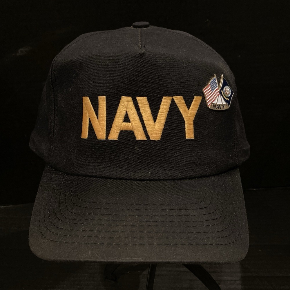 United States Navy Made In USA Hat Embroidered Gold , Black SnapBack, Navy Pin